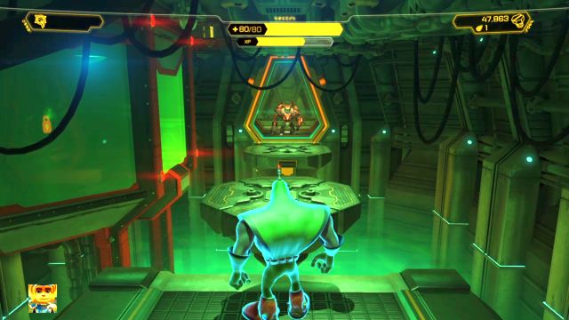 Poruszaj się po platformach wtedy, gdy strażnik odwrócony jest plecami. - Ratchet & Clank: Deplanetiser, powrót - solucja, opis przejścia, zadania - Ratchet & Clank - poradnik do gry