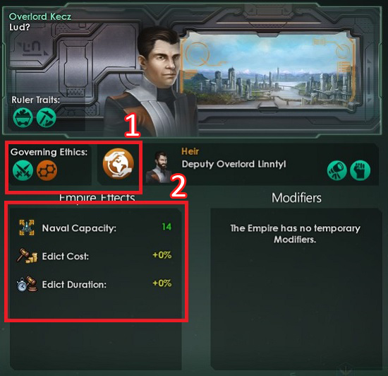 Za pośrednictwem zakładki zdobędziesz istotne informacje dotyczące władcy imperium i jego dziedzica - Interfejs w Stellaris - Stellaris - poradnik do gry