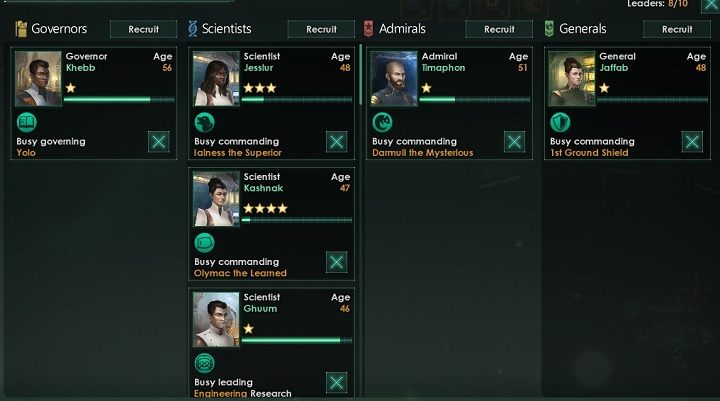 Tutaj możesz wyznaczyć osoby dowodzące konkretnymi jednostkami imperium - Interfejs w Stellaris - Stellaris - poradnik do gry