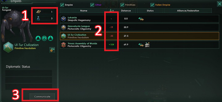 Ta zakładka to zestawienie najważniejszych informacji, które udało ci się zdobyć o rozpoznanych imperiach - Interfejs w Stellaris - Stellaris - poradnik do gry