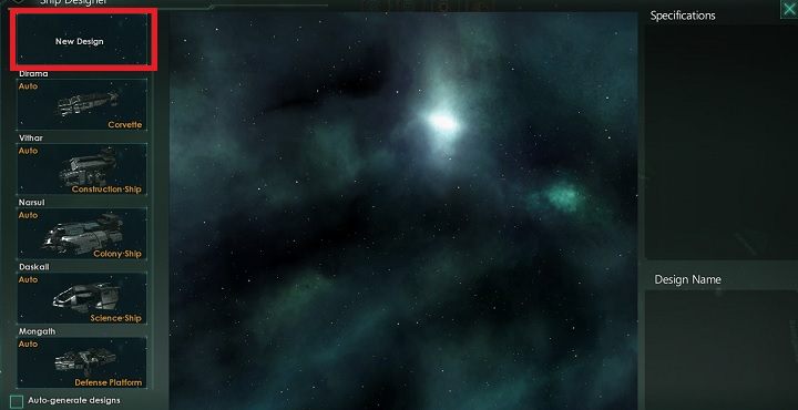 Każda z nowo odkrytych technologii generuje automatyczne generuje projekt przykładowej jednostki w oparciu o dostępne wyposażenie - Interfejs w Stellaris - Stellaris - poradnik do gry