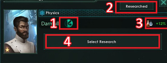 W ramach zakładki możesz zlecać badania, które prowadzą twoje imperium do rozwoju technologicznego - Interfejs w Stellaris - Stellaris - poradnik do gry