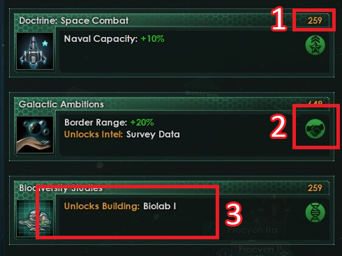 Po otwarciu dodatkowego okna należy wybrać jedno z trzech dostępnych badań - Interfejs w Stellaris - Stellaris - poradnik do gry