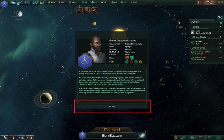 Zanim rozpoczniesz grę na ekranie zobaczysz dokładny profil kampanii stworzony w oparciu o wybraną przez ciebie frakcję i parametry - Tworzenie fundamentów imperium | Dobry start w Stellaris - Stellaris - poradnik do gry