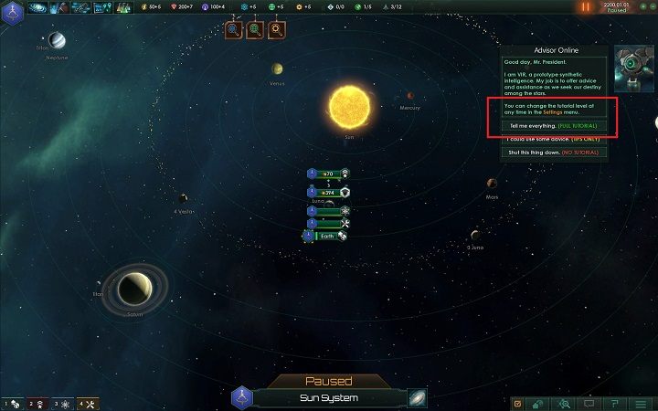 W tym momencie pojawi się moduł doradczy, który jest wbudowanym w grę samouczkiem - Tworzenie fundamentów imperium | Dobry start w Stellaris - Stellaris - poradnik do gry
