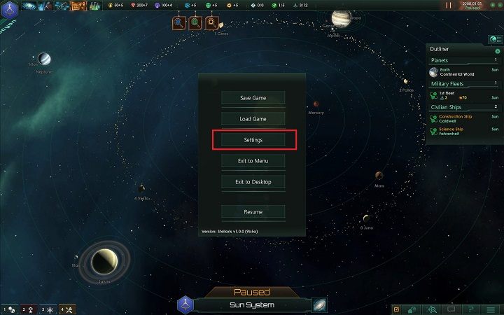Z menu gry wybierz opcję ustawienia - Tworzenie fundamentów imperium | Dobry start w Stellaris - Stellaris - poradnik do gry