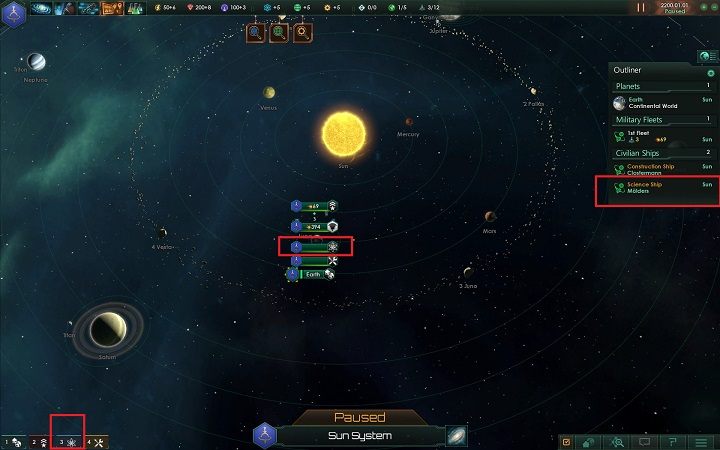Wybierz statek badawczy za pomocą jednego z odnośników zaznaczonych na obrazku - Tworzenie fundamentów imperium | Dobry start w Stellaris - Stellaris - poradnik do gry