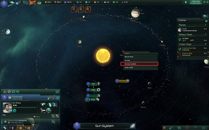 Kliknij PPM na wybranej planecie i zaznacz opcję - zbadaj system - Tworzenie fundamentów imperium | Dobry start w Stellaris - Stellaris - poradnik do gry