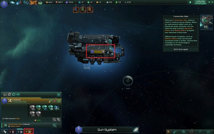 Wybierz statek konstrukcyjny za pomocą zakładki oznaczonej na obrazku lub odnajdując go na mapie układu - Tworzenie fundamentów imperium | Dobry start w Stellaris - Stellaris - poradnik do gry