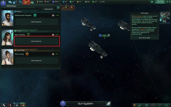 W tym celu wybierz zakładkę badania i kliknij w przycisk oznaczony na zdjęciu - Tworzenie fundamentów imperium | Dobry start w Stellaris - Stellaris - poradnik do gry