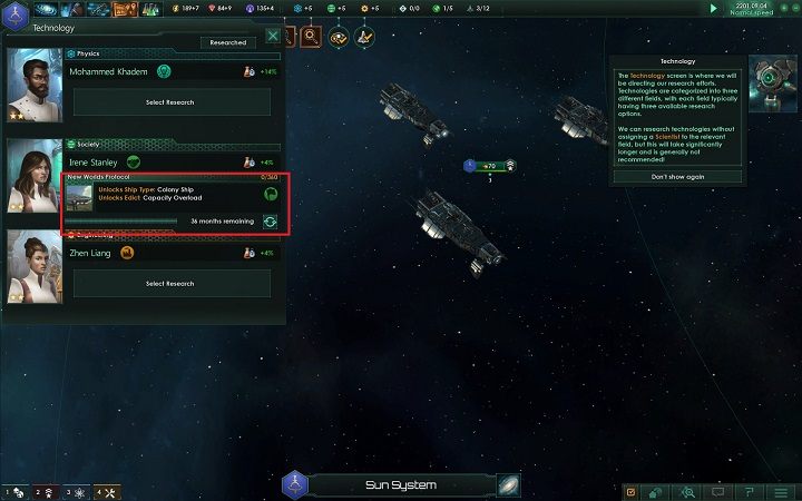 Panel wyboru projektów zniknie a w obszarze, który umożliwiał rozpoczęcie badań zobaczysz status prowadzonego projektu badawczego - Tworzenie fundamentów imperium | Dobry start w Stellaris - Stellaris - poradnik do gry