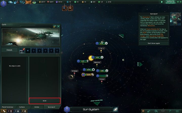 Przejdź na panel planety macierzystej i wybierz zakładkę kosmoport - Tworzenie fundamentów imperium | Dobry start w Stellaris - Stellaris - poradnik do gry