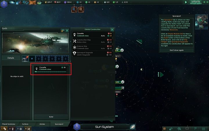 Z chwilą gdy wydajesz rozkaz, kosmoport przystępuje do budowy okrętu - Tworzenie fundamentów imperium | Dobry start w Stellaris - Stellaris - poradnik do gry