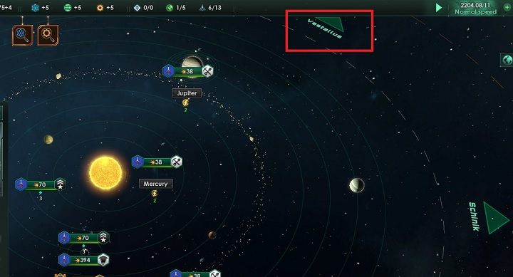 Przenieś się do sąsiedniego układu klikając na zielonej strzałce zaznaczonej na zdjęciu - Zajmowanie układów i kolonizacja planet | Dobry start w Stellaris - Stellaris - poradnik do gry