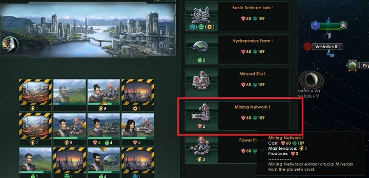 W ramach panelu wyświetlone zostaną propozycje budowli, które możesz wznieść w danym sektorze - Zajmowanie układów i kolonizacja planet | Dobry start w Stellaris - Stellaris - poradnik do gry