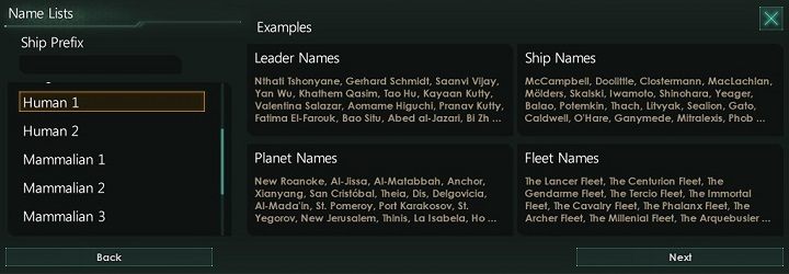 Następna zakładka to wybór typu nazw jakie generowane będą dla poszczególnych obiektów w twoim imperium - Kreator tworzenia frakcji | Frakcje w Stellaris - Stellaris - poradnik do gry