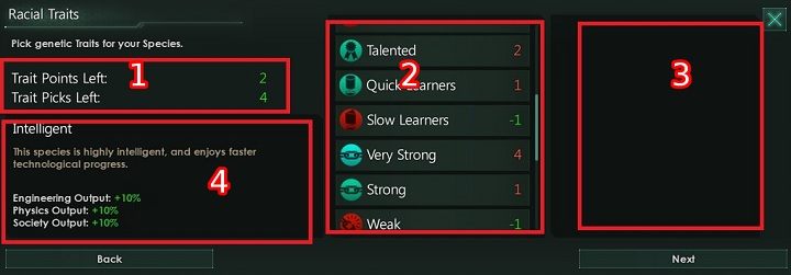 Na powyższym obrazku widać ekran wyboru cech dla stworzonego przez ciebie gatunku - Kreator tworzenia frakcji | Frakcje w Stellaris - Stellaris - poradnik do gry