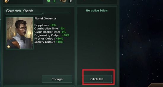 Dostęp do edyktów planetarnych dostępny jest za pośrednictwem panelu każdej z planet - Edykty planetarne | Rząd w Stellaris - Stellaris - poradnik do gry