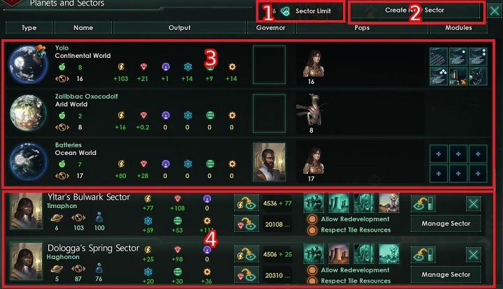 W ramach zakładki możesz zobaczyć cztery jej najważniejsze elementy - Sektory | Zarządzanie w Stellaris - Stellaris - poradnik do gry