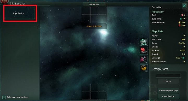 Po uruchomieniu zakładki zobaczysz powyższy widok - Projektant okrętów | Flota w Stellaris - Stellaris - poradnik do gry