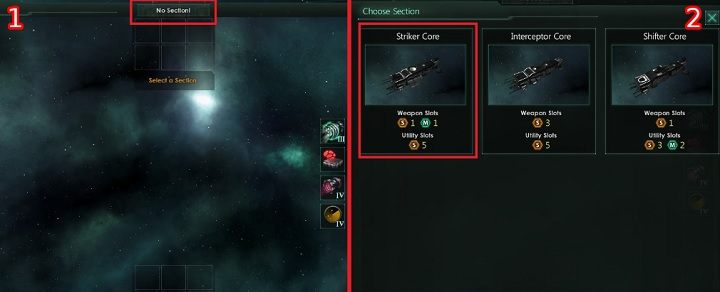 Wraz z wyborem jednostki środkowe pole panelu zmieni się w część interaktywną i pojawią się na niej dostępne sloty sekcji dla jednostki - Projektant okrętów | Flota w Stellaris - Stellaris - poradnik do gry