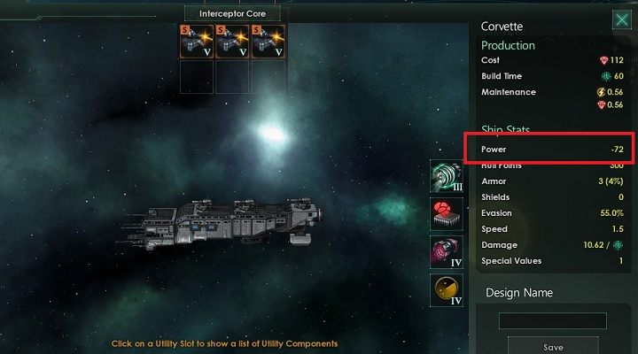 Po osadzeniu broni możesz zauważyć, że moc układów wyrażona jest za pomocą liczby ujemnej - Projektant okrętów | Flota w Stellaris - Stellaris - poradnik do gry