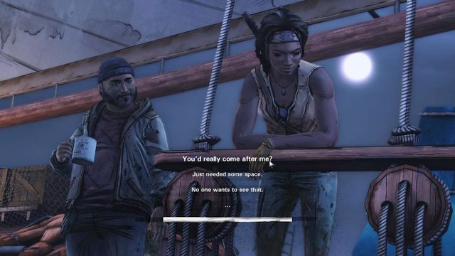 Pierwszy rozdział rozpoczyna się rozmową z ludźmi na statku, jeszcze przed wydarzeniami opisanymi w pierwszych epizodach gry - Rozdział 1 | Epizod 3 - What We Deserve - The Walking Dead: Michonne - poradnik do gry