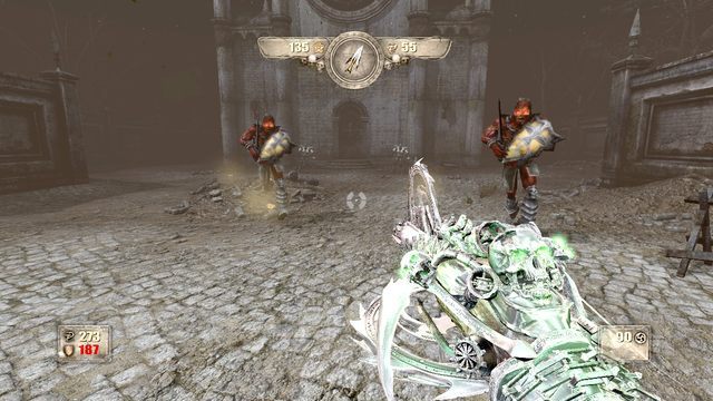 Przed katedrą czeka cię jedno z większych starć, nie szczędź tarcz na pokonanie wrogów i strzelaj tarczownikom w nogi. - Rozdział 1 | Opis przejścia Painkiller Hell and Damnation - Painkiller Hell & Damnation - poradnik do gry