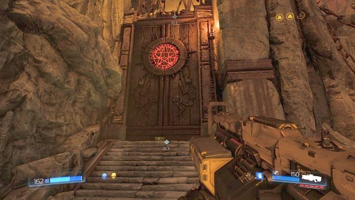 Gdy wrogowie zginą, przeskakuj między unoszącymi się skałami, aż do czerwonego przełącznika z czaszką - Sanktuarium Kadingir | Opis przejścia | Doom - Doom - poradnik do gry