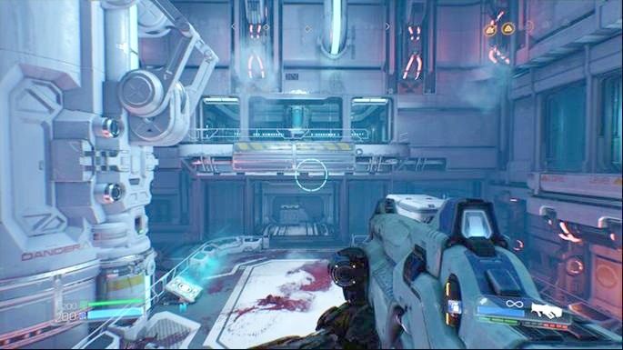 Po zniszczeniu wszystkich czterech doskocz do wyjścia za pomocą wyrzutni grawitacyjnej - Centrum przetwarzania VEGI | Opis przejścia | Doom - Doom - poradnik do gry