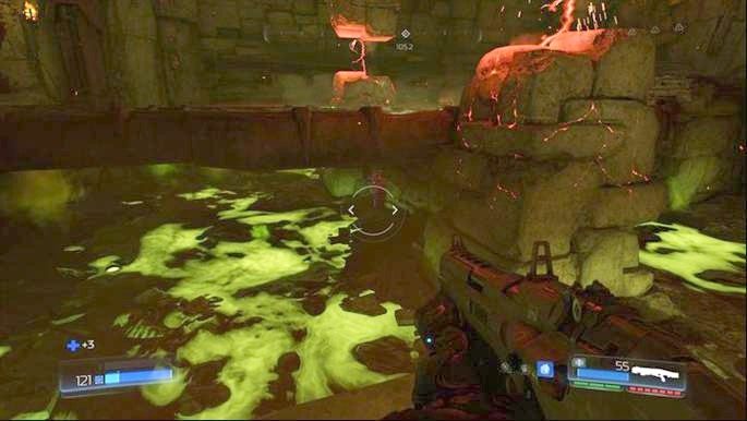 Gdy pozbędziesz się pierwszej dużej grupy demonów, zeskocz na platformę na dole z prawej i spójrz pod most - Kraina Tytanów | Sekrety | Doom - Doom - poradnik do gry