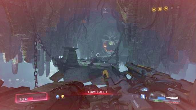 Po odkryciu ostatniego Dziennika udaj się jeszcze niżej, aż wylądujesz na platformie, gdzie zaatakują cię dwa Cacodemony - Nekropolia | Sekrety | Doom - Doom - poradnik do gry