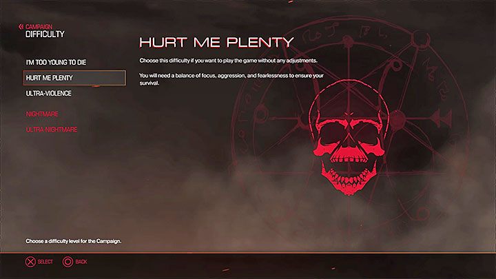 W grze Doom możesz wybierać pomiędzy pięcioma poziomami trudności, przy czym poziomy Nightmare i Ultra Nightmare możesz całkowicie zignorować - Doom - poradnik do gry
