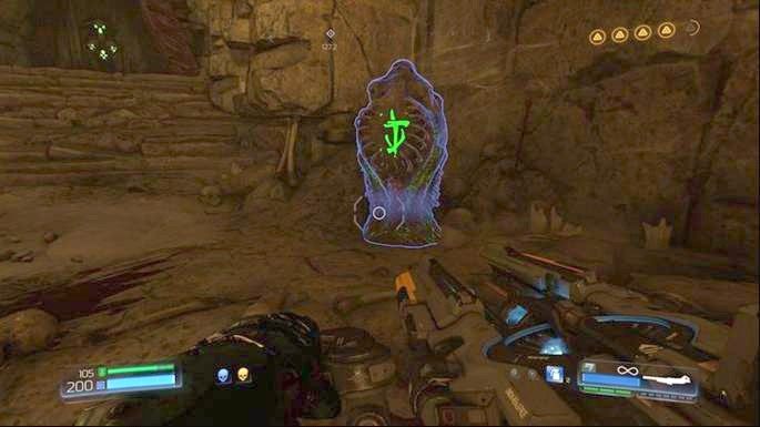 Z prawej będziesz mijał Dziennik w formie artefaktu, a na lewo będzie krótki tunel z Megazdrowiem na końcu (sekret) - Kraina Tytanów | Opis przejścia | Doom - Doom - poradnik do gry