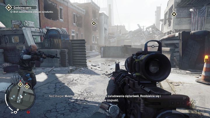 W dalszej części misji będziesz musiał ustawić się w jednym z dwóch widocznych na obrazku punktów - Godzina zero | Opis przejścia Homefront The Revolution - Homefront: The Revolution - poradnik do gry