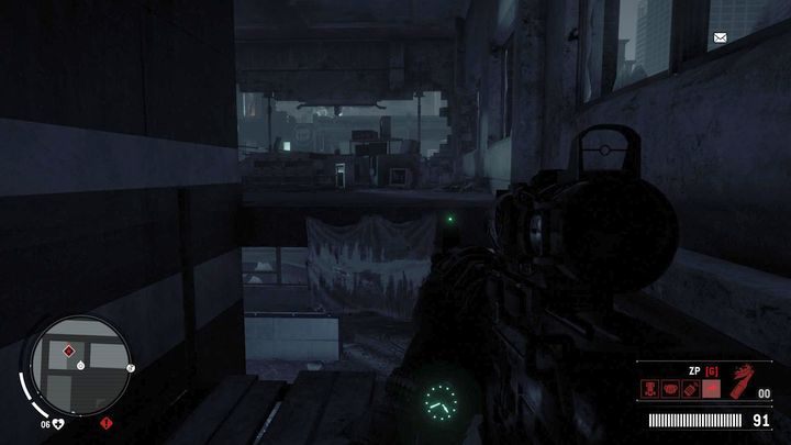 Po zniszczeniu desek dostań się na wyższe piętro gdzie znajdziesz pokazane na obrazku miejsce - Czerwona strefa Stare Miasto | Punkty kluczowe - Homefront: The Revolution - poradnik do gry