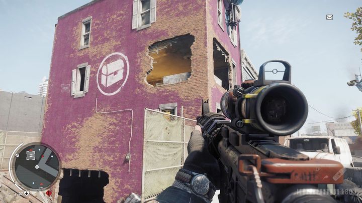 Magazyn z numerkiem ósmym znajduje się na piętrze widocznego na obrazku budynku - Czerwona strefa Holloway | Magazyny i zlecenia - Homefront: The Revolution - poradnik do gry