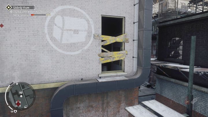 Po wejściu na dach udaj się do miejsca pokazanego na obrazku i obróć się w lewo, gdzie znajdziesz zabite deskami okno prowadzące do magazynu - Zakazana strefa | Magazyny i zlecenia - Homefront: The Revolution - poradnik do gry
