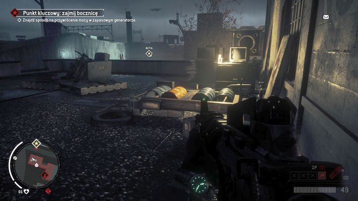 Po szybkiej eliminacji wrogów wejdź na pierwsze piętro budynku i spróbuj uruchomić tamtejszy generator - Czerwona strefa Elmtree | Punkty kluczowe - Homefront: The Revolution - poradnik do gry