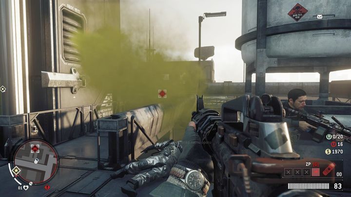 Po walce skieruj się na schody, a na pierwszym piętrze przeczekaj aż przestanie ulatniać się zielony gaz - Czerwona strefa Elmtree | Punkty kluczowe - Homefront: The Revolution - poradnik do gry