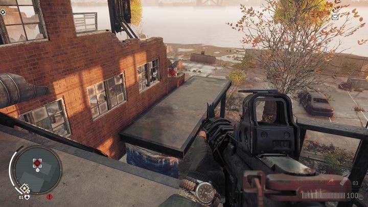 Skieruj się na schody i przejdź na mały balkon widoczny na obrazku - Czerwona strefa Elmtree | Punkty kluczowe - Homefront: The Revolution - poradnik do gry