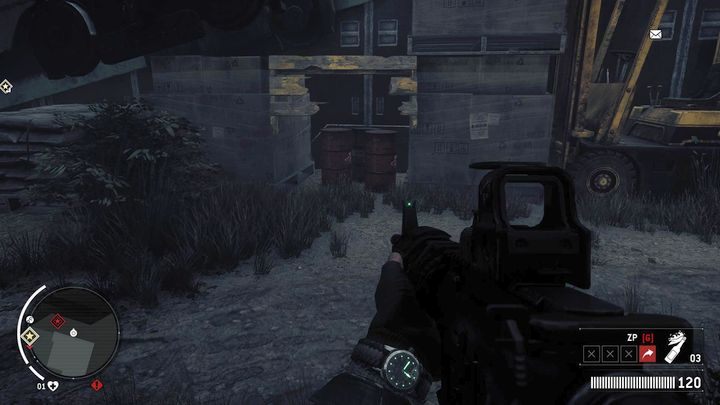 Pod autobusem znajdziesz palety, za którymi stoją wybuchowe beczki - Czerwona strefa Elmtree | Punkty kluczowe - Homefront: The Revolution - poradnik do gry