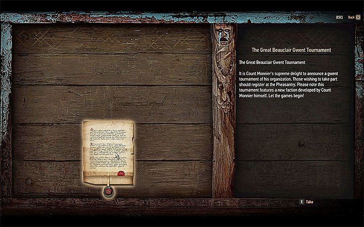 Notatka na tablicy informująca o turnieju w gwinta - Talia kart Skellige | Nowości w dodatku Krew i wino - Wiedźmin 3: Krew i wino - poradnik do gry