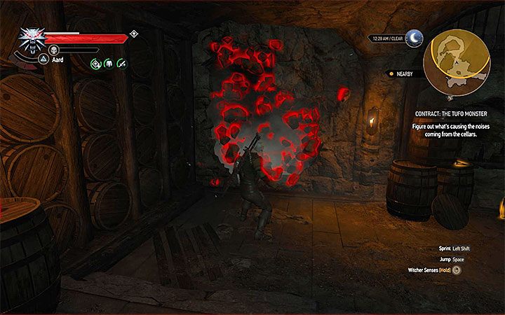 Zaczekaj na zapadnięcie zmroku (możesz użyć medytacji żeby przyśpieszyć upływ czasu) i skorzystaj z klucza żeby odblokować dostęp do piwnicy winnicy Tufo - Zlecenie - monstrum z Tufo - kontrakt na szarleja | Kontrakty wiedźmińskie i poszukiwania skarbów - Wiedźmin 3: Krew i wino - poradnik do gry