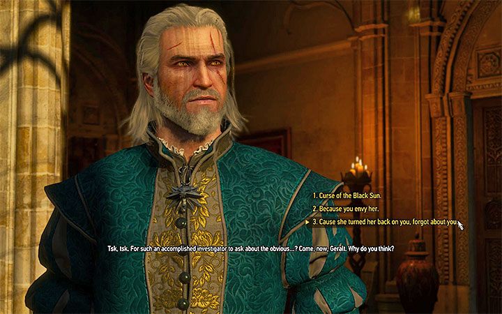 Wybierz trzecią i następnie drugą opcję dialogową żeby nakłonić Syannę do pogodzenia się z siostrą - Ceremonia | Główne zadania | Solucja Wiedźmin Krew i Wino - Wiedźmin 3: Krew i wino - poradnik do gry