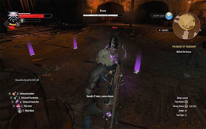 Używaj znaku Yrden, wyczekuj pojawienia się bruxy i atakuj ją gdy będzie znajdowała się wewnątrz magicznego kręgu - Przeciwnicy z głównych zadań | Pojedynki z trudnymi przeciwnikami - Wiedźmin 3: Krew i wino - poradnik do gry