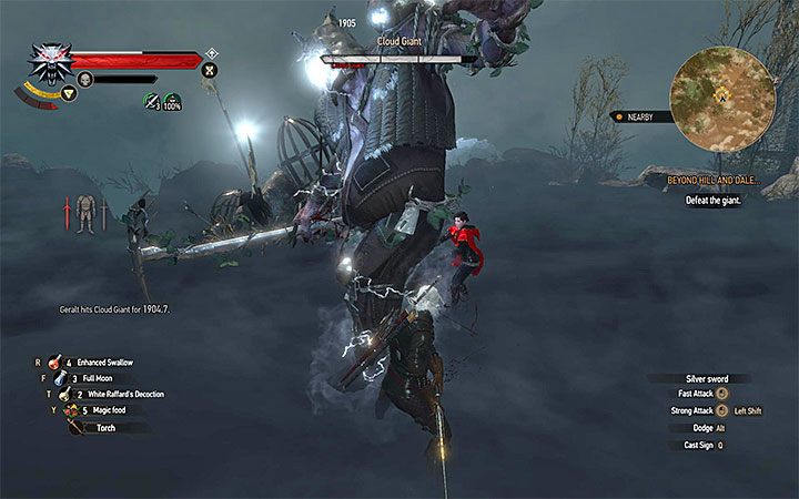 Zaczekaj aż olbrzym również dotrze w pobliże naładowanej klatki i wykonaj uskok w ostatniej możliwej chwili żeby uniknąć jego ciosu - Przeciwnicy z głównych zadań | Pojedynki z trudnymi przeciwnikami - Wiedźmin 3: Krew i wino - poradnik do gry