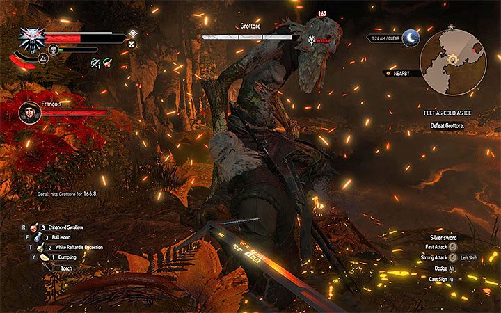 Osłabiaj Grotnika w przerwach pomiędzy jego atakami - Przeciwnicy z pobocznych zadań i kontraktów wiedźmińskich | Pojedynki z trudnymi przeciwnikami - Wiedźmin 3: Krew i wino - poradnik do gry