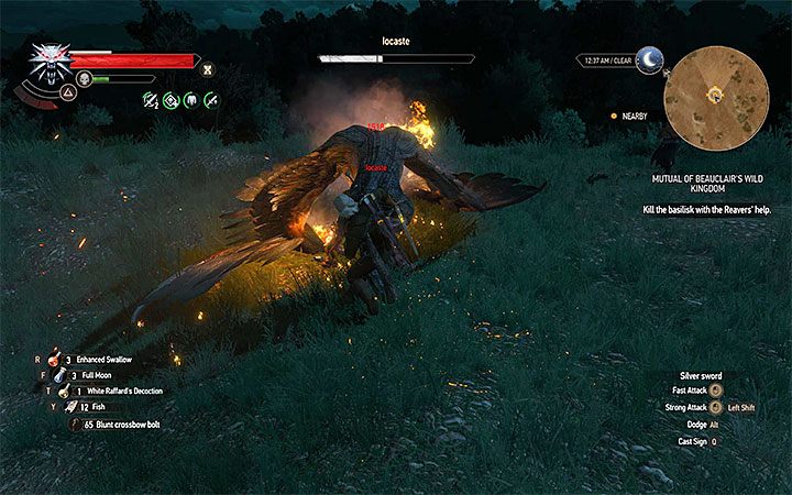 Możesz podpalać bazyliszka zanim zaczniesz atakować go mieczem - Przeciwnicy z pobocznych zadań i kontraktów wiedźmińskich | Pojedynki z trudnymi przeciwnikami - Wiedźmin 3: Krew i wino - poradnik do gry