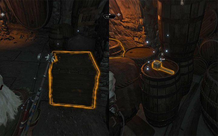Poszukiwane obiekty znajdują się w miejscach pokazanych na powyższym obrazku - szpunt do beczek (Barrel tap) jest w skrzyni na paterze, a młotek do szpuntowania (Wooden hammer) leży na jednej ze stojących beczek - Wino rzecz święta | Główne zadania | Solucja Wiedźmin Krew i Wino - Wiedźmin 3: Krew i wino - poradnik do gry